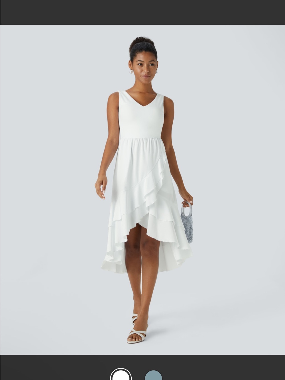 HALARA White Sleeveless V-Neck High-Low Ruffle Dress